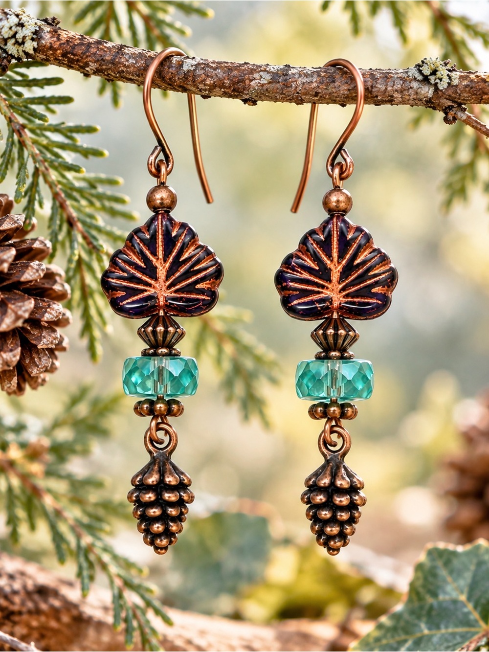 Czech Glass Leaf Aqua Pine Cone Dangle Earrings